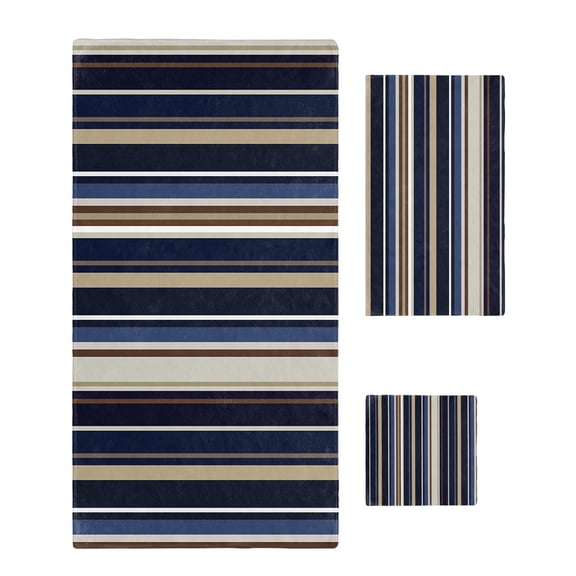 Blue and Brown Geometric Stripe Pattern Towel Set of 3, Soft Microfiber Bath Towels, Hand Towel, Washcloths, Quick-Dry Absorbent Towels for Bathroom Kitchen Hotel Beach Gym Spa