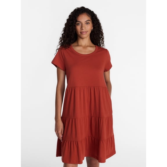Time and Tru Women's and Women's Plus Size Tiered Cotton Dress with Short Sleeves, Sizes XS-4X
