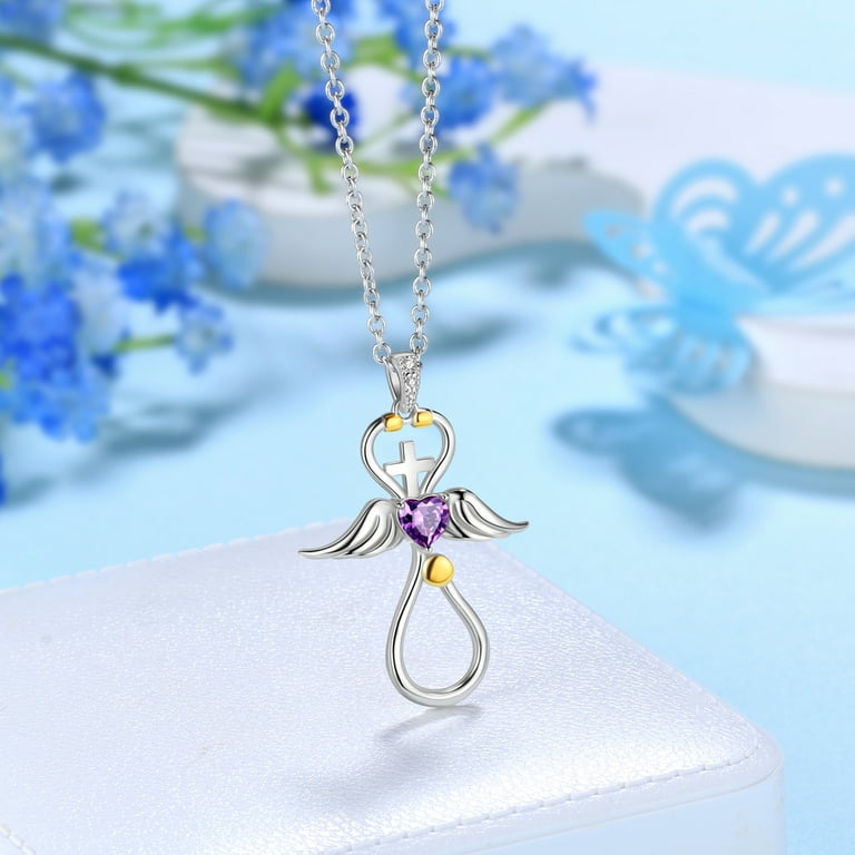 Beautlace Nurse Necklace 18K Gold Over 925 Sterling Silver Angel Wing Cross Stethoscope Necklace with Heart Birthstone Necklace Medical Jewelry Gift