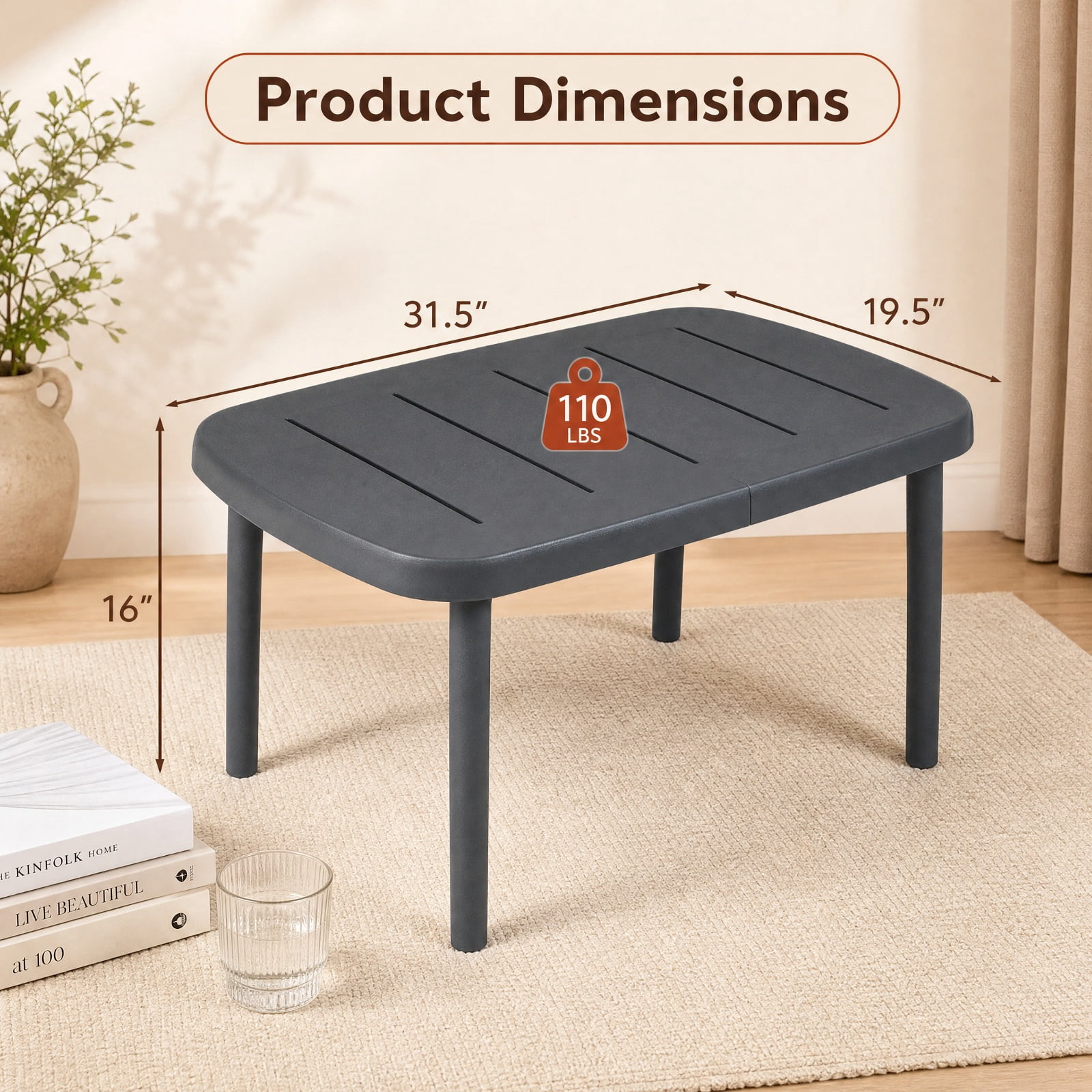 Biotree Rectangular Patio Side Table, Outdoor Storage End Table with Aluminum Alloy Rods, Waterproof Top and 110 lbs Capacity for Poolside Deck, Gray