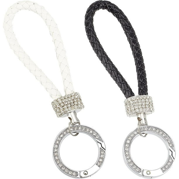 2 llaveros de cuero con brillantes para coche, universales, con diamantes de imitación para mujer (negro y blanco).