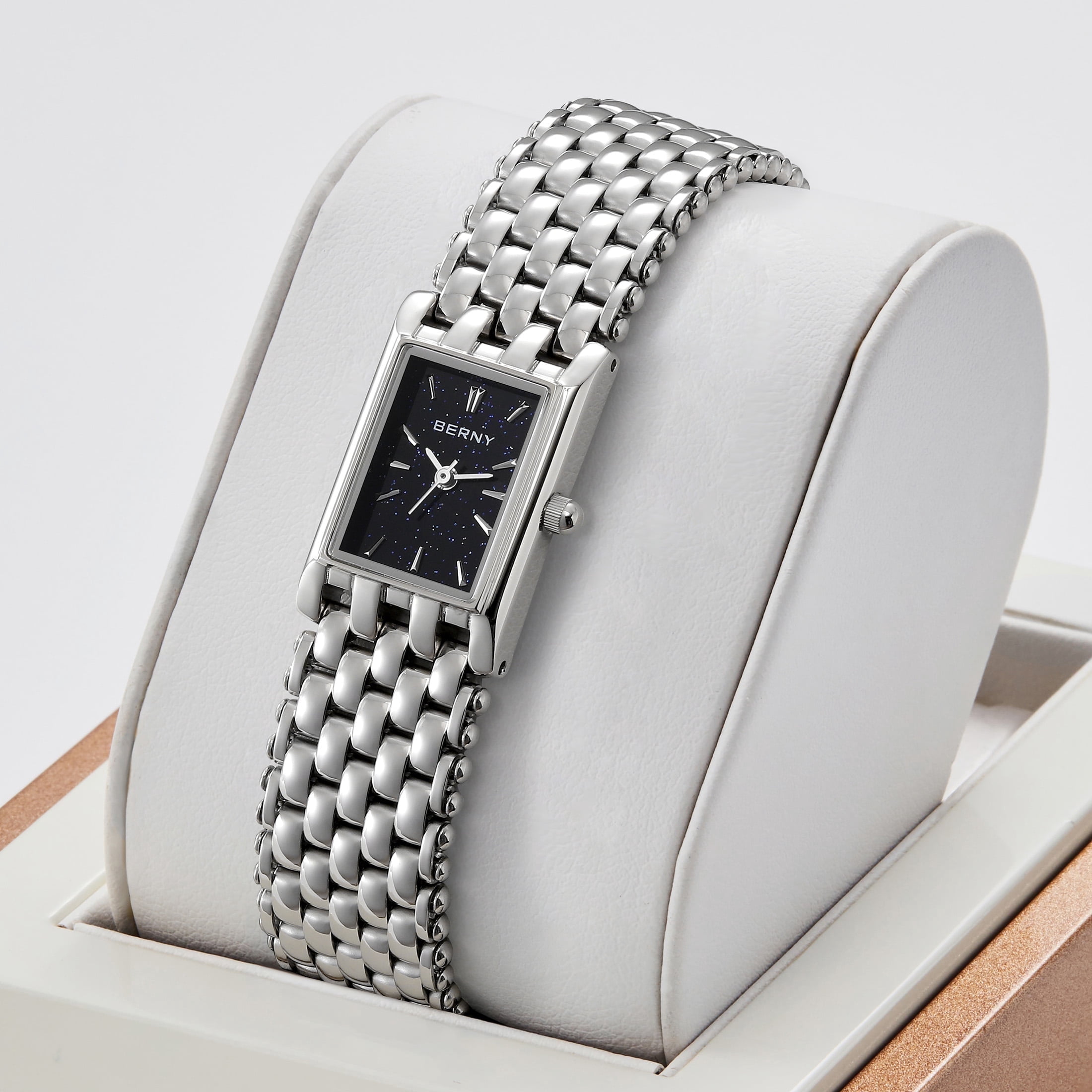 BERNY Small Silver Watches for Women, Dainty Rectangular Women Watch with Stainless Steel Bracelet Band, Japanese Quartz Movement, 3ATM Waterproof, Classic Dress Ladies Wristwatch (Black)