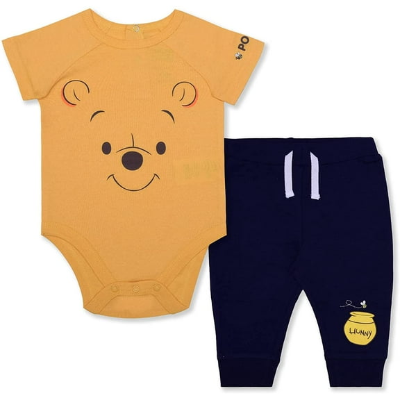 Disney Babys Short Sleeve Romper with Jog Pants, Winnie The Pooh Bodysuit Set, Yellow, Size NB