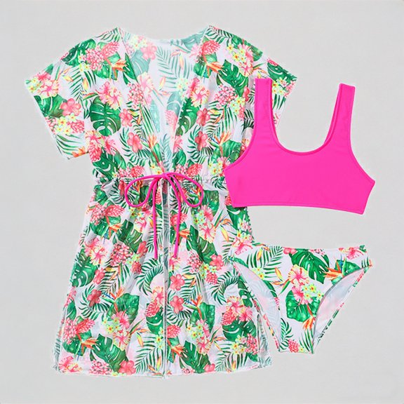 REDARER Girls 3-Piece Swim Set: Solid Bikini, Tropical Floral Print Cover-Up – Summer Beach Bathing Swimwear,6-7 Years