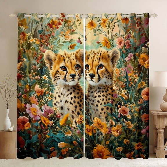 Feelyou Cute Wildlife Cheetah Black Out Curtains for Teens, Woodland Animal Leopard Curtains Pack of 2 (42x63 Each), Groovy Flower Floral Bedroom Curtains, Blackout Curtains Bedroom Decor