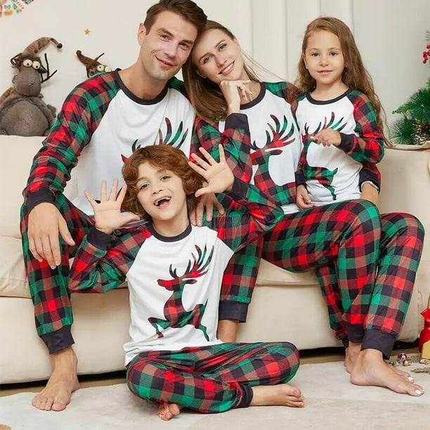 Conjunto de pijama de Navidad para padres e hijos ropa de dormir de manga larga con cuello redondo y estampado a cuadros de alce de dibujos animados