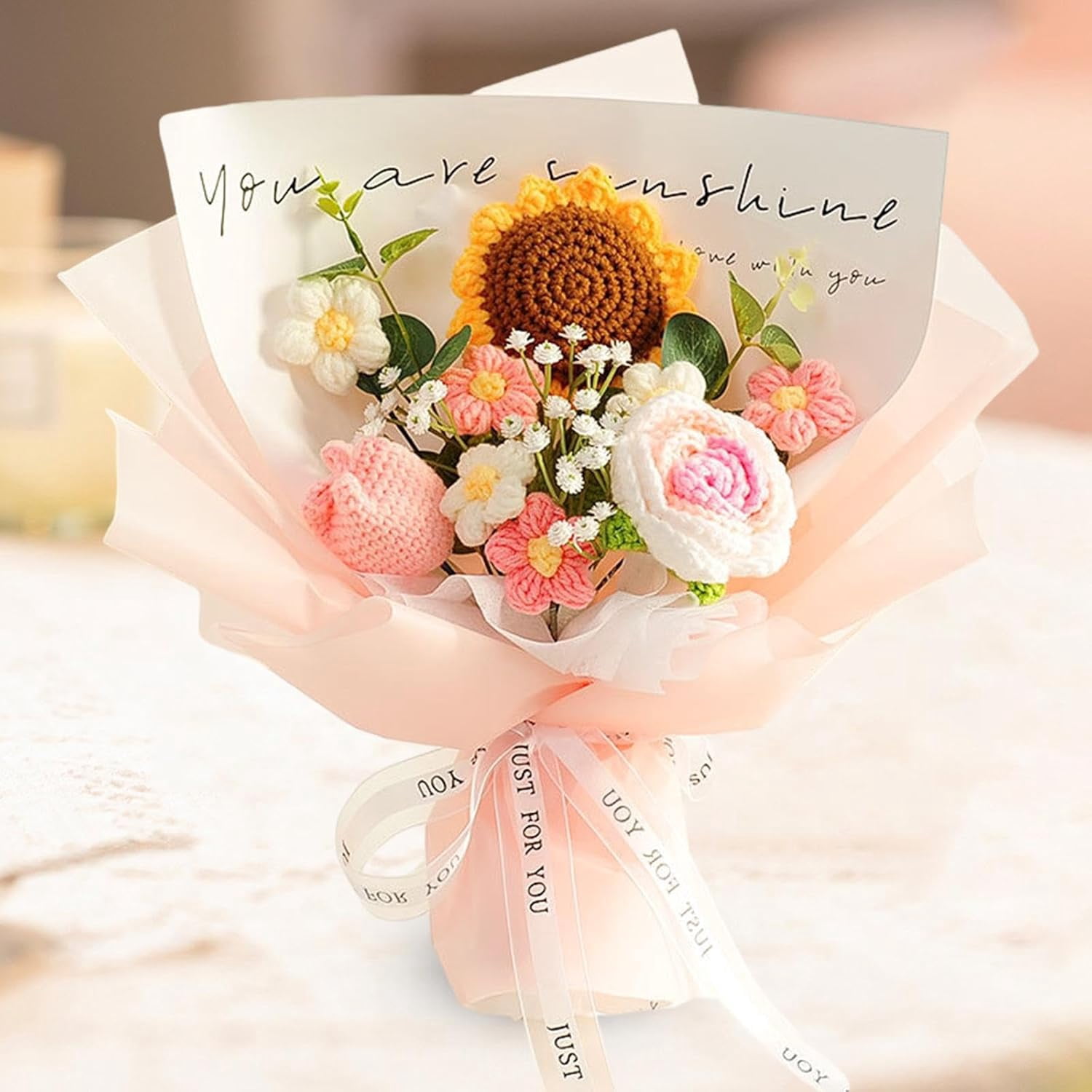 Crochet Flowers Bouquet, Kvago Completed Handmade Knitted Flowers, 13.78in Artificial Flowers Gift for Birthday Wedding Anniversary Graduation Home Decor (Style B)