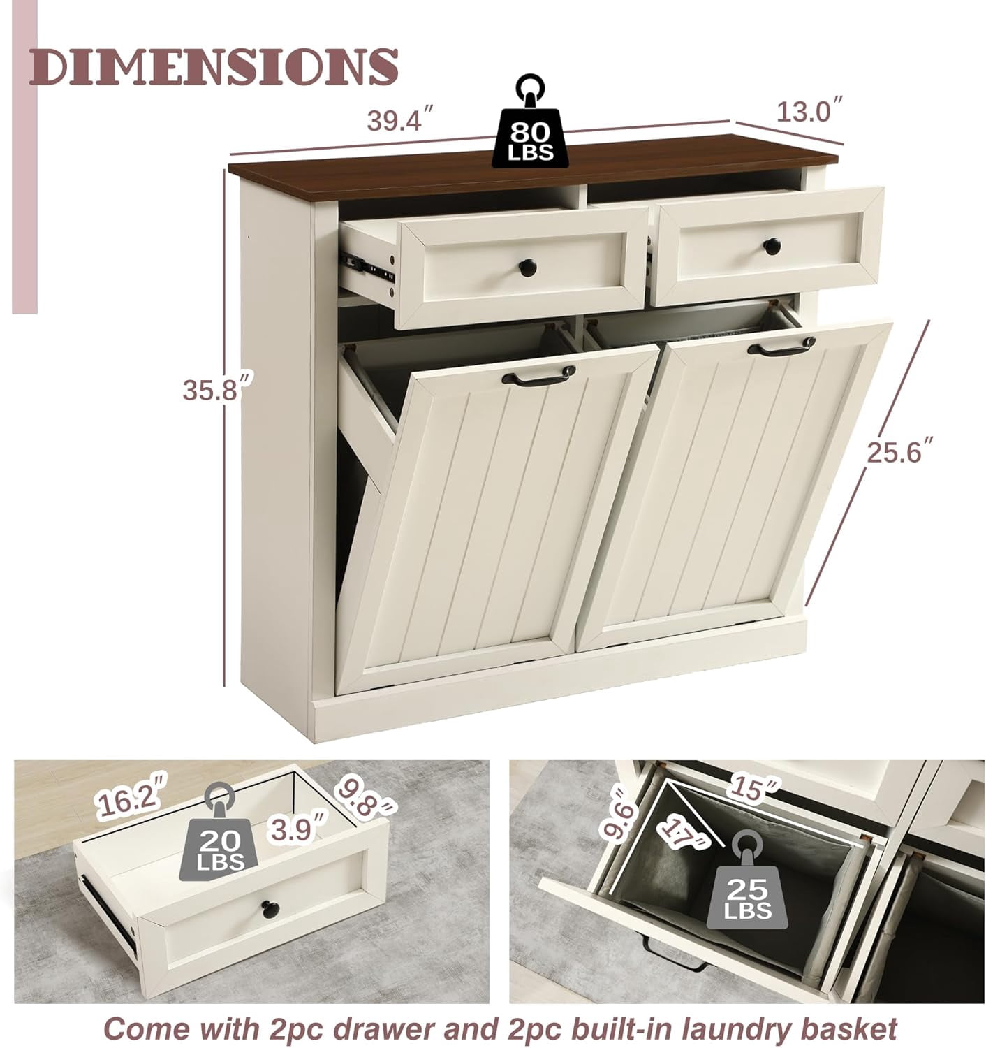 Haverchair Double Tilt Out Laundry Hamper Cabinet, Modern Farmhouse Trash Can Cabinet w/2 Drawers, Wooden 20 Gallon Hidden Garbage Cabinets with 2 Laundry Storage Baskets for Kitchen and Bathroom