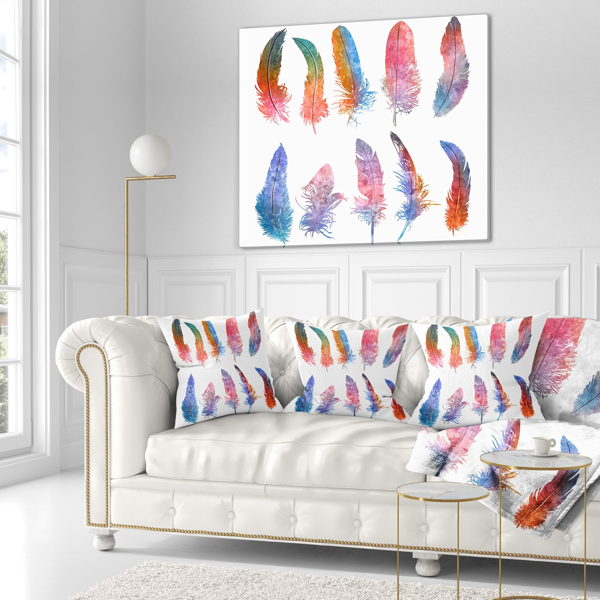 Designart Rainbow Feathers - Floral Throw Pillow - 18x18