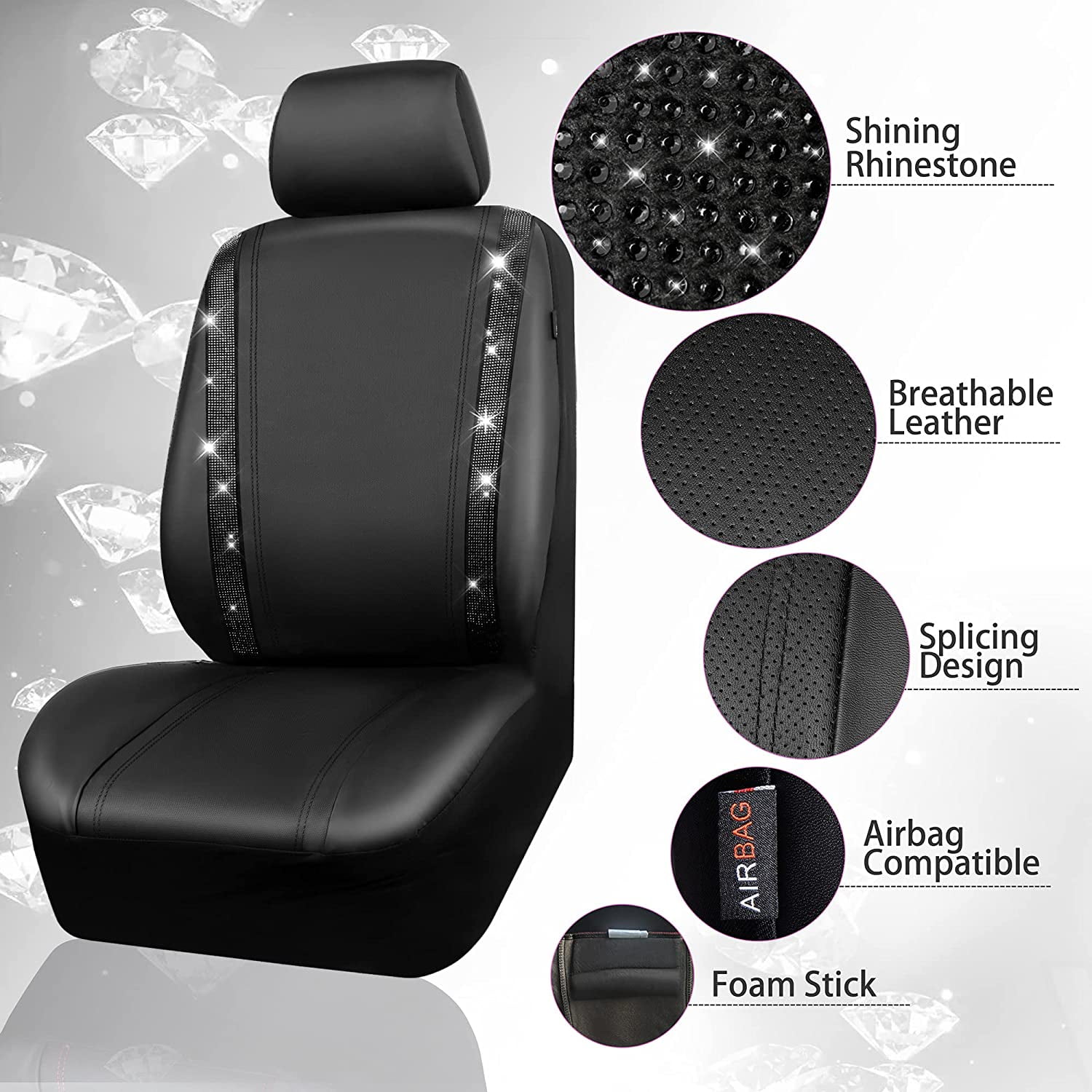 CAR GRAND Bling Car Seat Covers Front Pair, Shining Rhinestone Diamond Waterproof Faux Leather, Universal Fit Automotive Glitter Crystal Sparkle Strips for Cute Women Girl, black