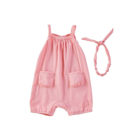 

Baby Girl Overalls Jumpsuit Sleeveless Romper Shorts and Headband