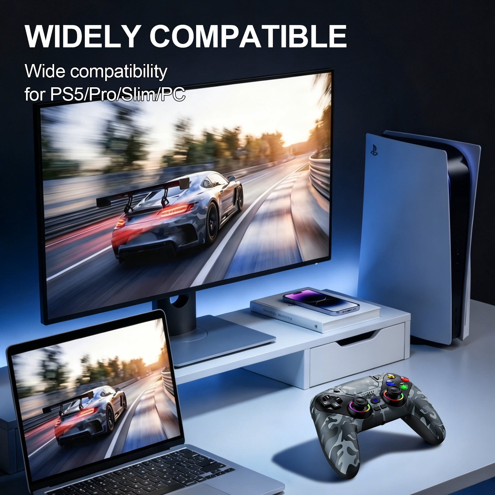 LED Wireless Controller for P5 PC, Bluetooth Controller with Turbo, Macro, Dynamic Vibration, 6-Axis Motion Control, 3.5mm Audio Jack, 1000mAh Battery, Speaker-White