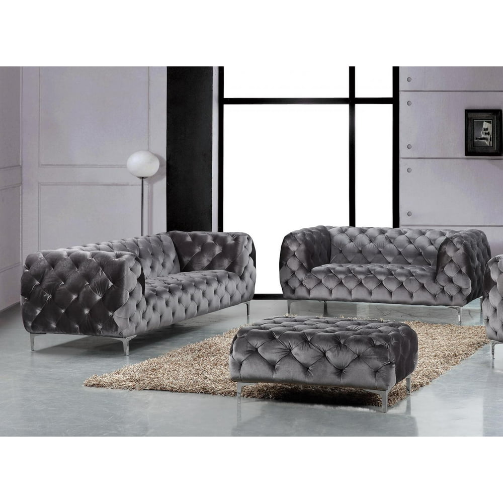 Modern Grey Velvet Tufted Sofa & Loveseat Set 2Pc Meridian Furniture