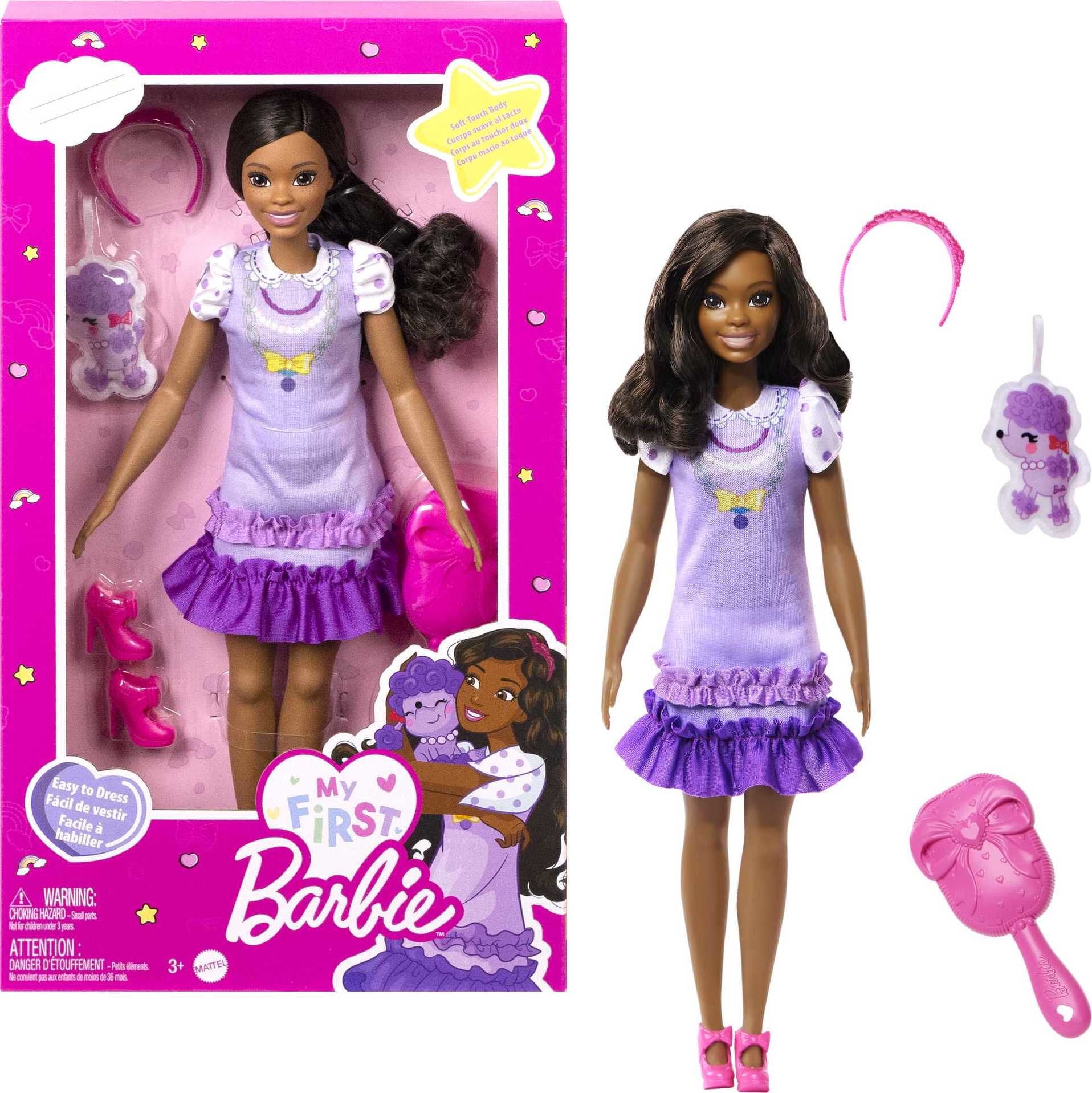 My First Barbie Preschool Doll - Renee With 13.5-Inch Soft Body, Black Hair, Plush Squirrel & Accessories, Easy-Dress For Toddlers