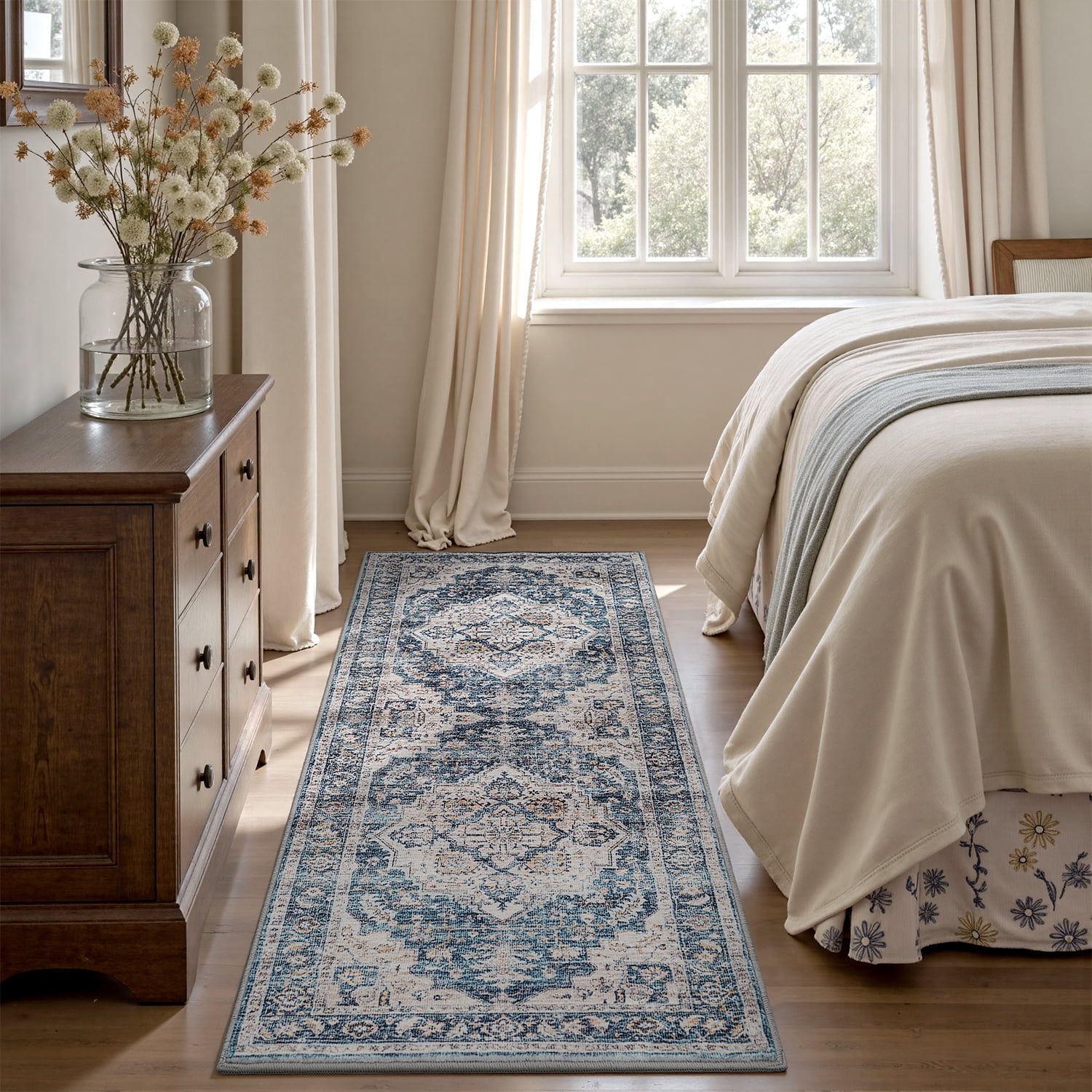 SIXHOME 3-Piece Kitchen Rugs and Runner Set Washable Vintage Kitchen Mat Non-Slip Low-Profile Rugs for Kitchen Sink Laundry Bedside 20"x32"+20"x48"+20"x59" Blue