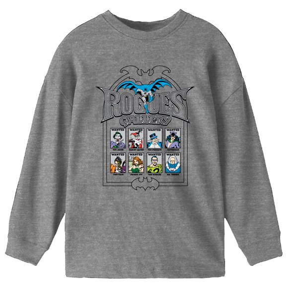 Bioworld Batman Galerie de Voleurs Méchants Grille Garçons Jeunesse T-Shirt Graphique à Manches Longues / DC Comics Chandail de Personnage sous Licence Officielle-Petit