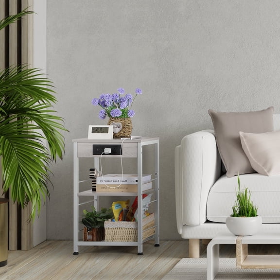 White Nightstand with Charging Station, 3‑Tier End Table with USB Ports and Power Outlets, Small Bedside Table for Bedroom, Living Room, Dorm, Office
