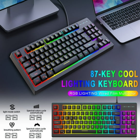 YiBai Gaming Keyboard, Gaming 87Keys Backlit Ergonomic USB Wired Keyboard 6 Kinds Of LED Effect For PC Fashionable Office Games #.19, Black
