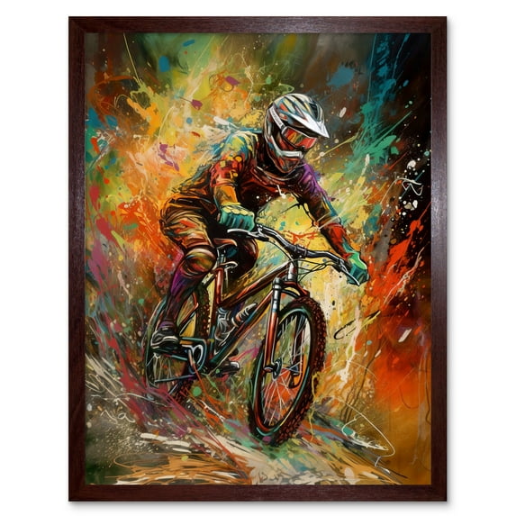 Mountain Biker Paint Splat Portrait Action Shot Art Print Framed Poster Wall Decor 12x16 inch