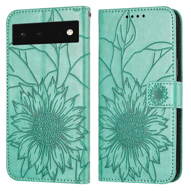 Funda tipo cartera con girasoles grabados para Google Pixel 6: elegante, multifuncional y con protección total.