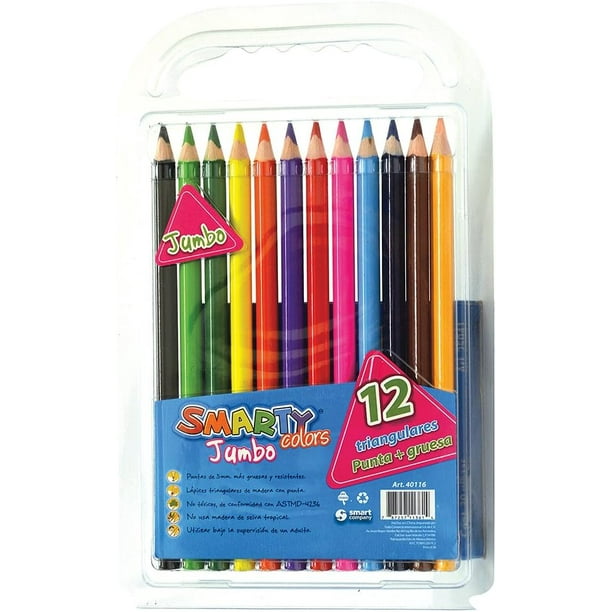 Lápices de Colores Smarty Jumbo 12 Piezas Triangulares, Punta Gruesa 5mm, No Tóxicos, Para Niños Preescolar y Primaria, Útiles Escolares