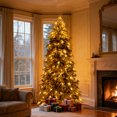 thumbnail image 2 of 8ft Slim Flocked Pre Lit Christmas Tree, Skinny Tree with950 PE/PVC Tips, Noble Artificial Christmas Tree with 350 Warm White LED Lights, Easy Assembly, for Office Home Decoration, Corner, White, 2 of 9