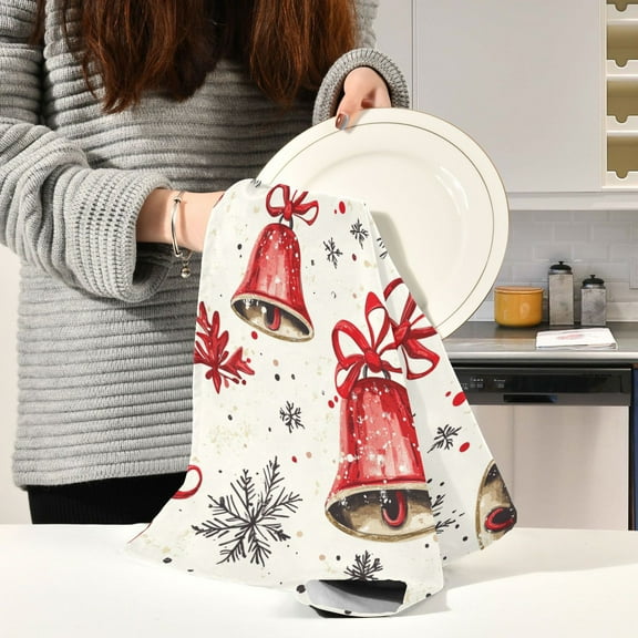 BZSMCE Kitchen Towels Creative Christmas Red Bell and Snowflake Pattern Durable Kitchen Towel