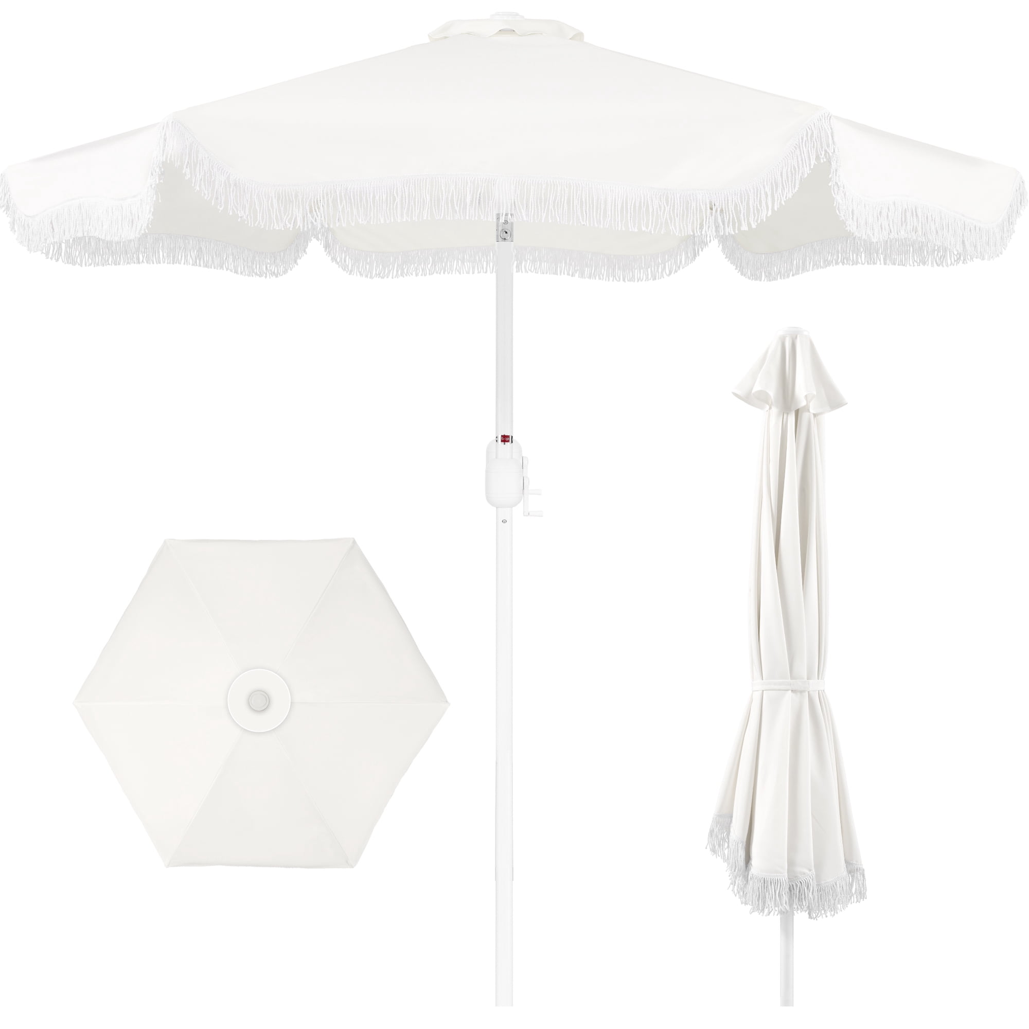 Best Choice Products 7.5ft Fringe Market Umbrella Boho Patio Sunshade w/ Tilt, UPF50+ - White