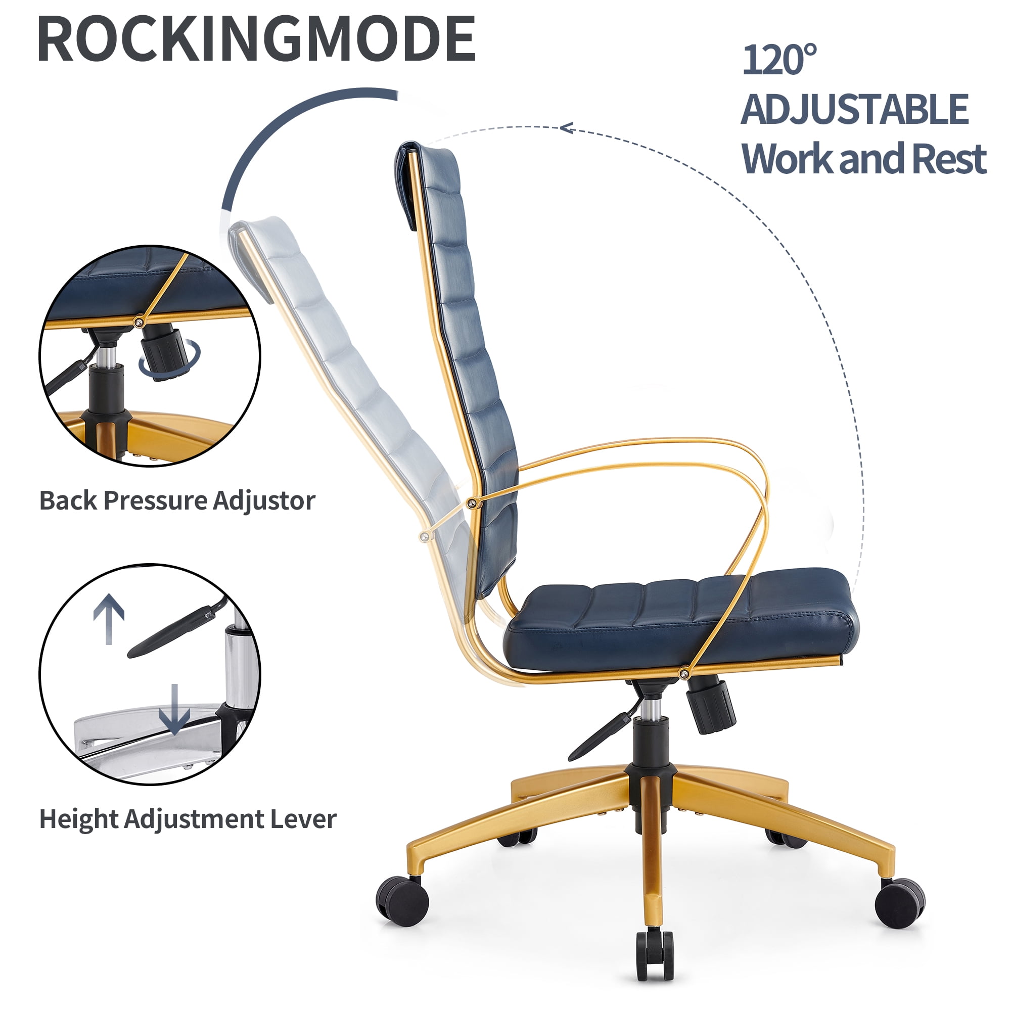 CAROCC High Back Executive Office Chair with Armrest Adjustable Swivel Chair in Durable Vegan Leather Modern Gold Office Chair Ergonomic Desk Chair for Extra Back & Lumbar Support
