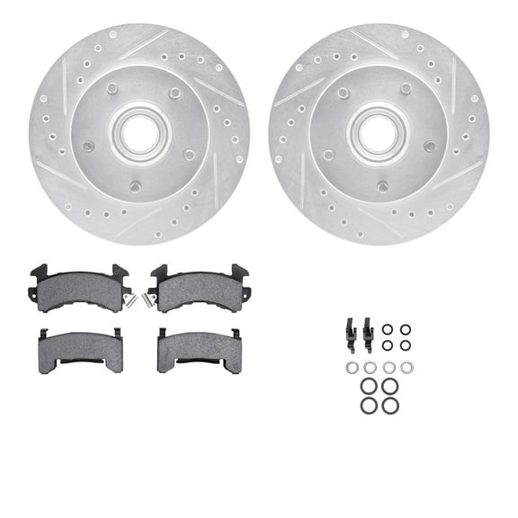 Dynamic Friction Company Front Brake Rotors-Drilled and Slotted-Silver with 5000 Advanced Brake Pads includes Hardware 7512-48004