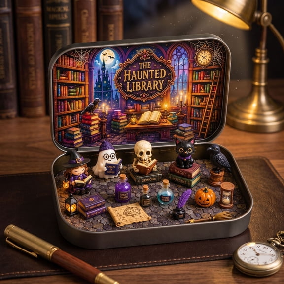 Halloween Decorations Indoor Outdoor, Halloween Library Tin Box Set, Spooky Trinket Collectible for Desktop Home, Tabletop Decor, Party Gift, Beige