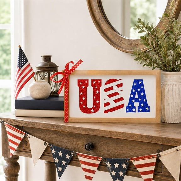USA 4th of July Wooden Wall Decor Sign, 11.8"×5.9" 250th Independence Day Patriotic Red White Blue Stars and Stripes Table Shelf Mantel Home Decoration