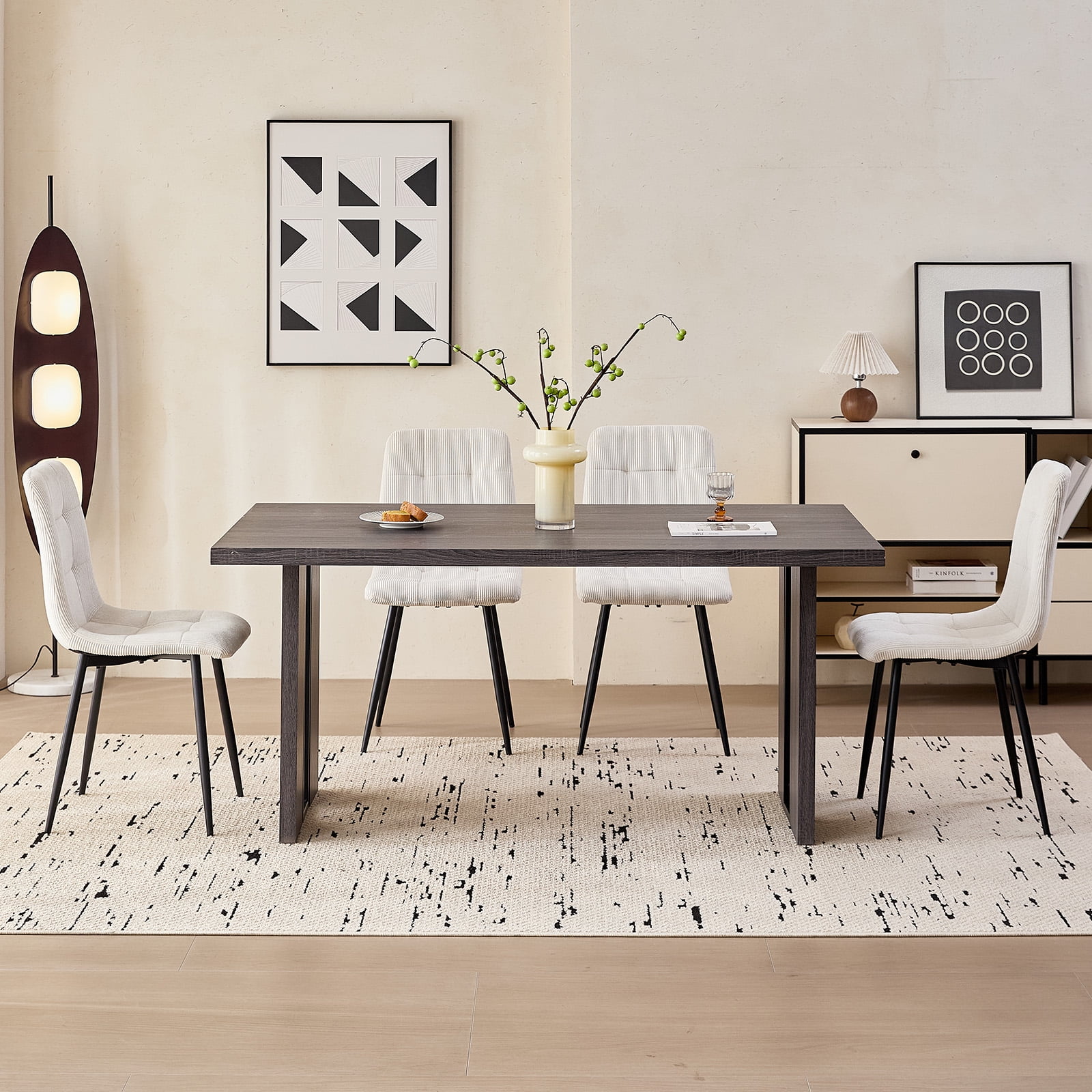 Corduroy Dining Chairs Set of 4, Modern Upholstered Fabric Kitchen Chair with Metal Legs for Living Dining Room, Apartment, Side Chairs with Thick Cushions, White