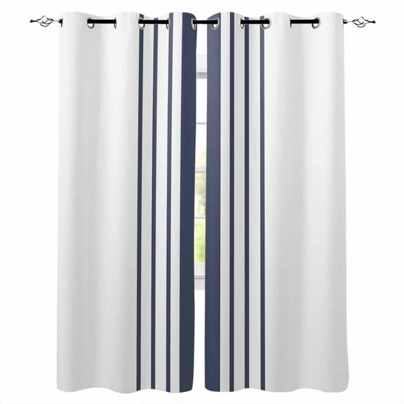 Fsddascl Blue Vertical Striped Blackout Curtains for Bedroom/Living Room, Thermal Insulated Kitchen Curtains, White Minimalist Modern Grommet Darkening Window Treatment Drapes 27.5"x39"x2