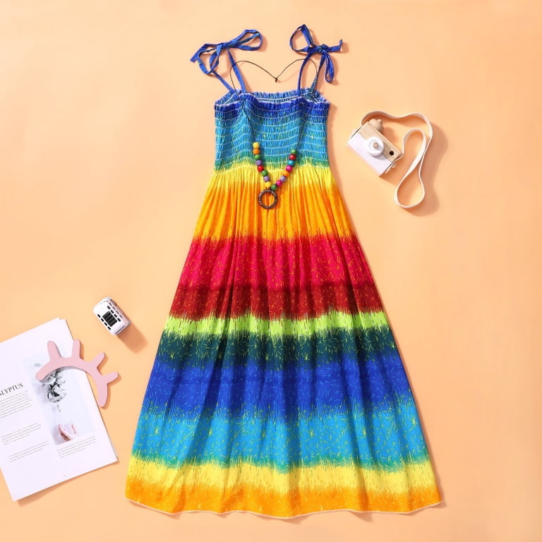 Girls Casual Summer Floral Beach Wear Boho Dress Spaghetti Strap Sundress  Bohemian Dress Sleeveless Rainbow Beach Dress with Necklaces - Walmart.com