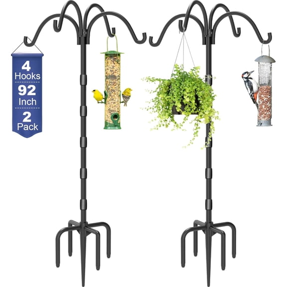 Upgrade 4-Hook Shepherds Hooks for Outdoor with Plastic Tube, 92" Heavy Duty Bird Feeder Pole with 5 Prongs Base, Adjustable Garden Hook for Solar Light, Hanging Plant, Wedding Decor, 2 Pack