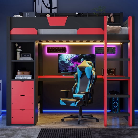 PureDashio Twin Size Gaming Loft Bed with Desk, LED Lights, Storage Drawers and Charging Station, No Box Spring Needed Red