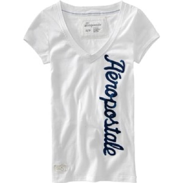 Aeropostale playera gráfica bordada con cuello en V para mujer, blanca, extra pequeña