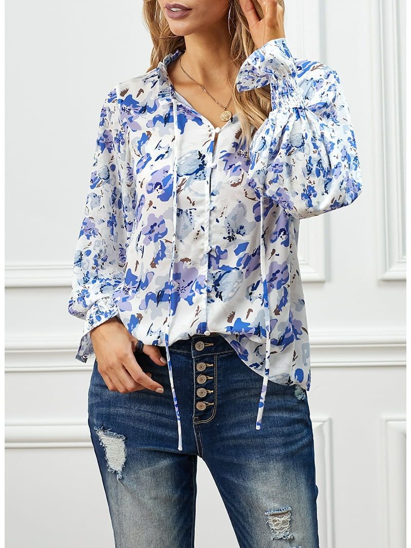 EVALESS Women's Bohemian Spring Tops, Floral Printed V Neck