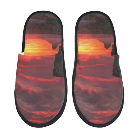 Balery Sunset Western Desert Cowboy Slient Indoor Furry Fleece Comfort House Shoes Soft Non-Slip Home Shoes Cotton slippers House Slippers-- Medium