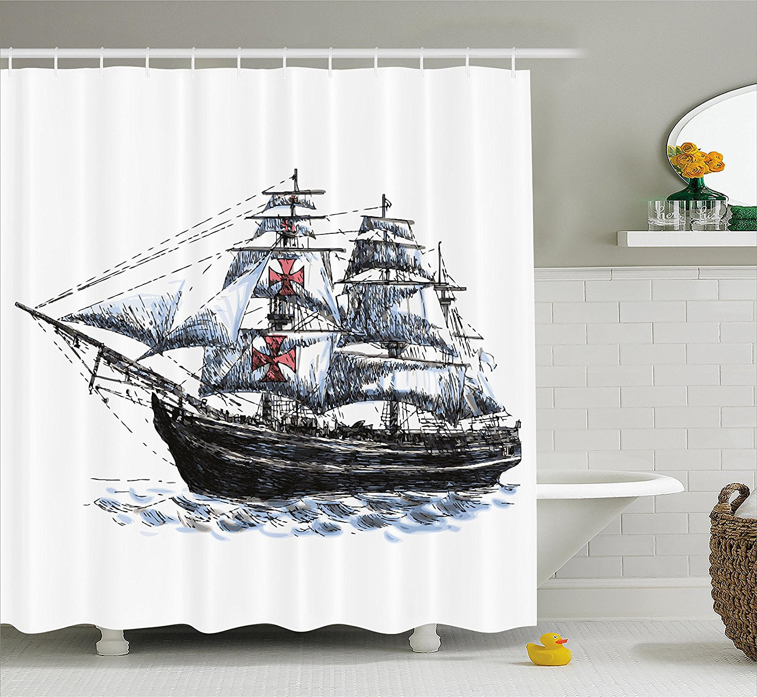 Vintage Sailing Ship Rudder Shower Curtain Sea Nautical Theme For Bathroom Decor 
