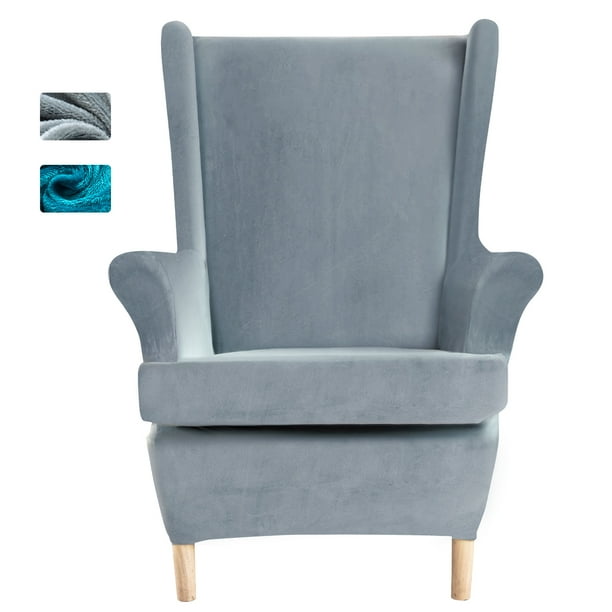 Stretch Velvet Plush Wing Chair Cover, 2Piece Solid Wingback Chair