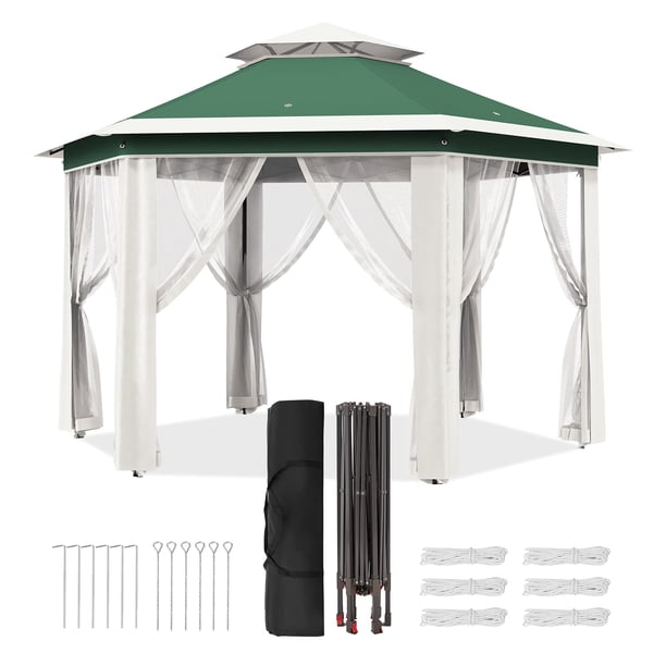 Qinaqin 13 x ft Pop Up Gazebo cm de Alturae agonal Canopy Shelter con 6 Zippered Malla Netting Event Tent Strong Steel Frame