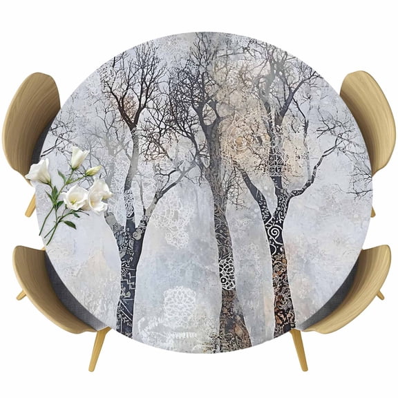 Boho Grey Tree Round Tablecloth 36-44 Inch Round Fitted Table Cloth with Elastic Edge, Vintage Watercolor Trunk Branch Waterproof Table Cover Protector for Outdoor Picnic Party Dining
