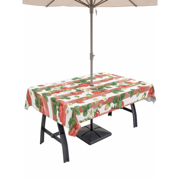 Outdoor Tablecloth with Umbrella Hole for Patio/Picnic/Party/Camping, Strawberry Waterproof Table Cloth Rectangle Table Cover Washable, Fruits Green Palm Leaves Red Striped (54"x 80")