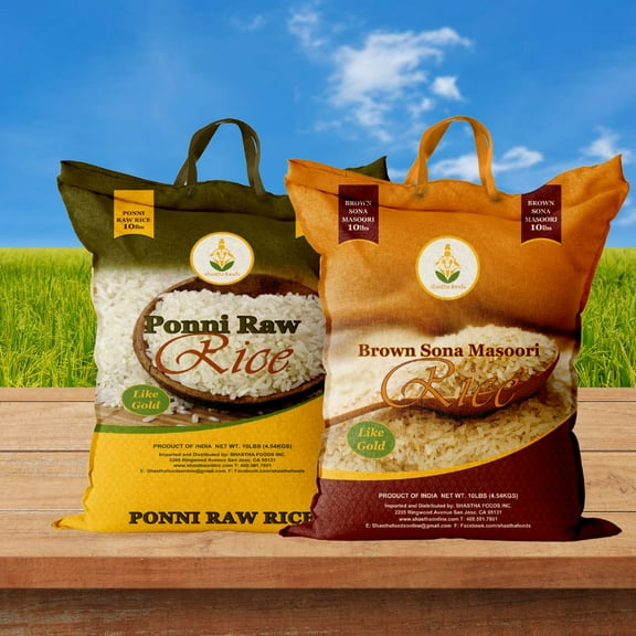 Shastha Traditional Ponni Raw Rice 10lbs    Brown  Sona Masoori Rice 10lbs- Pack of 2 , 10 lbs