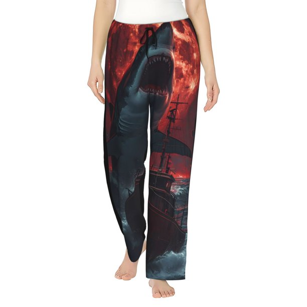 Balery Red Moon Shark Sailboat Pantalones de pijama para mujer, pijamas ultraligeros, pantalones de estar por casa-X-Large