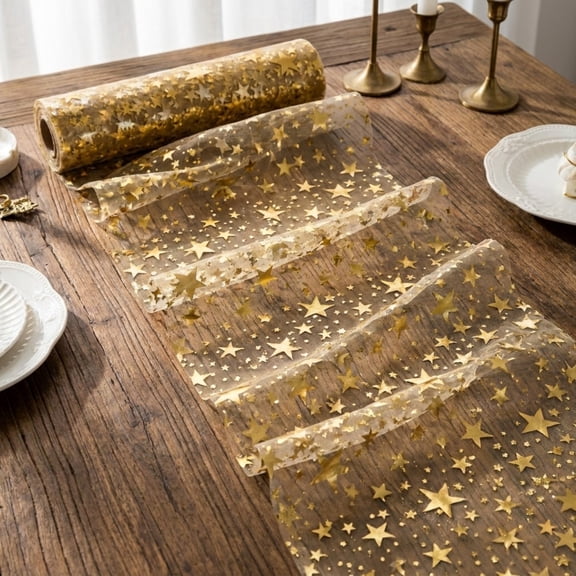4 Rolls Gold Metallic Star Mesh Table Runner, 11 x 106 Inch Glitter Bling Sheer Table Centerpiece for Birthday Holiday Dinner Party Home Decor