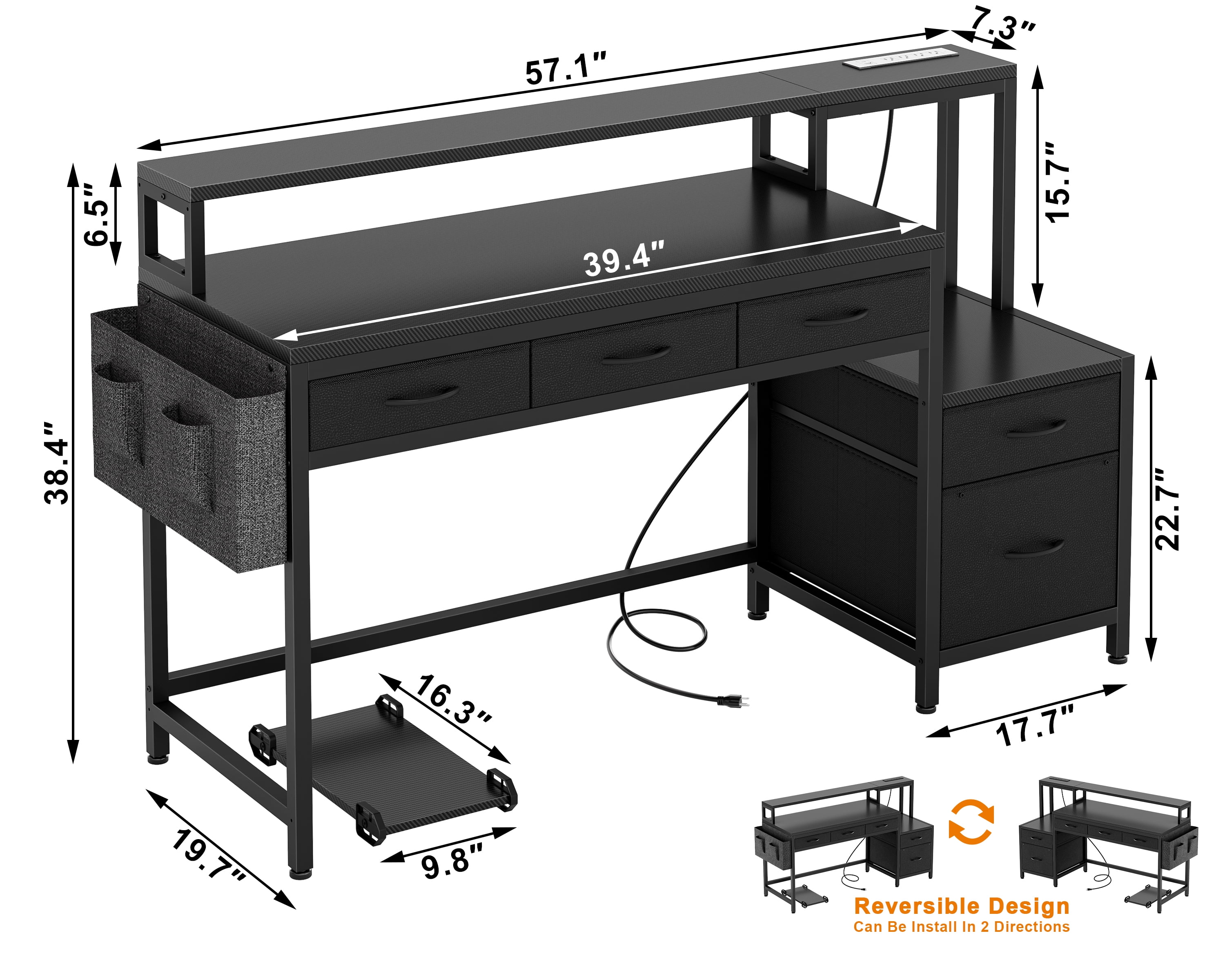GUNAITO 60 inch Gaming Desk with 5 Fabric Drawers & Storage Shelves, Computer Desk with LED Lights & Charging Station, Carbon Fiber Black
