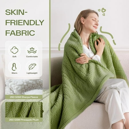 Queen Size Heated Electric Blanket, 84" x 90" Fast Heating Sherpa Blanket with Dual Control, 8 Heating Levels & 10 Hours Auto Off, Machine Washable with ETL & FCC Certified, Green